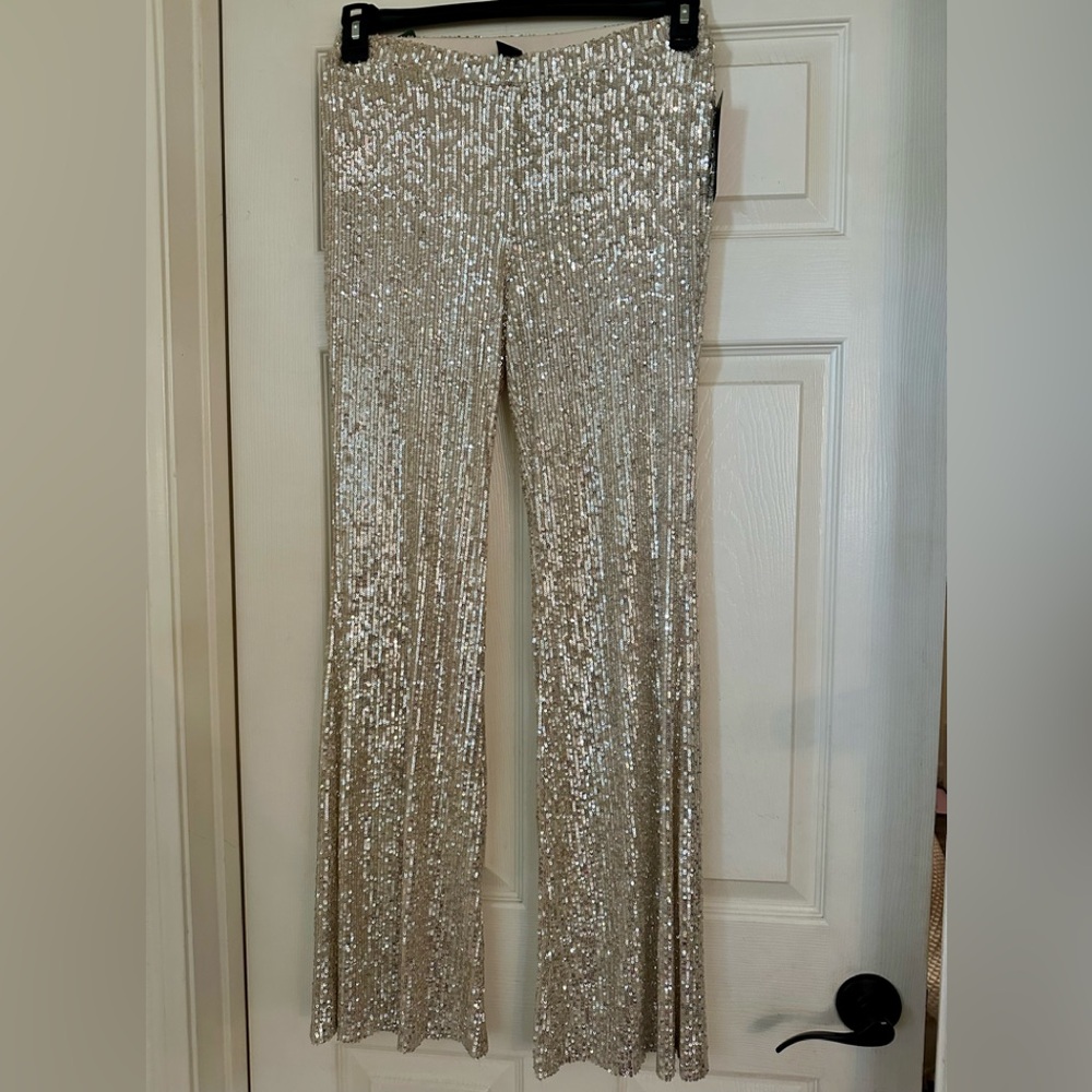 NWT Wild Fable Silver Sequin Flare Pants Elastic Waist